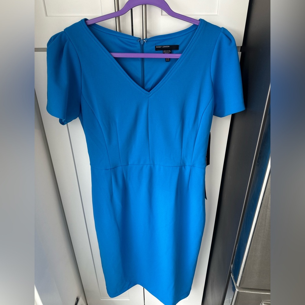 Maggy London Women's V-Neck‎ Midi Dress Ocean Blue Size 10 NWT